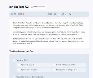 Capture d'écran des exercices de lecture